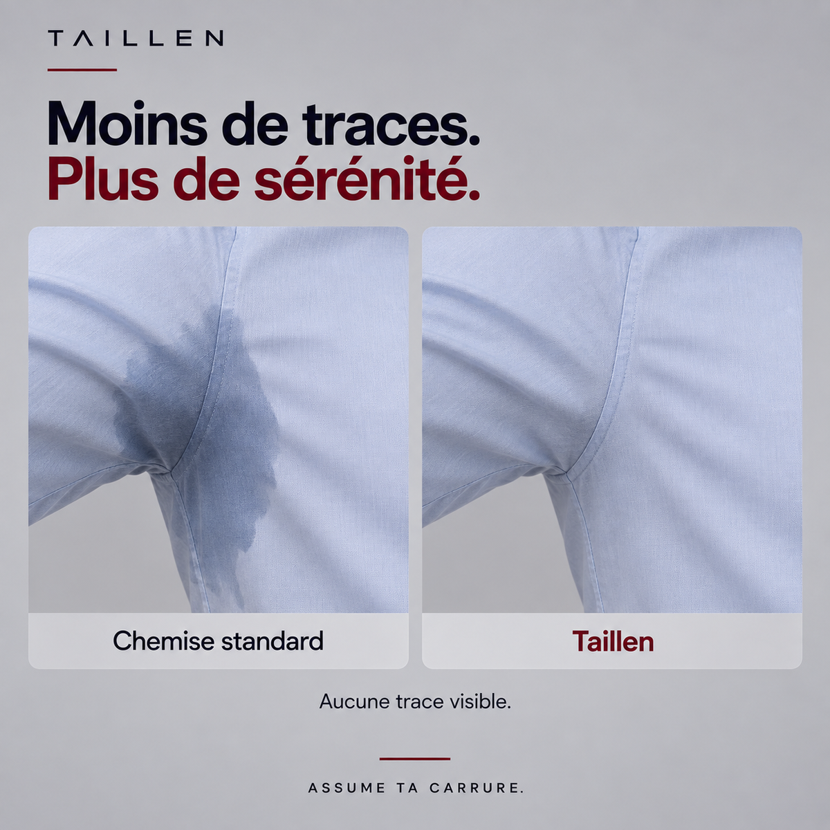 Chemise standard avec auréole de transpiration visible contre chemise Taillen restée nette, sans auréole visible